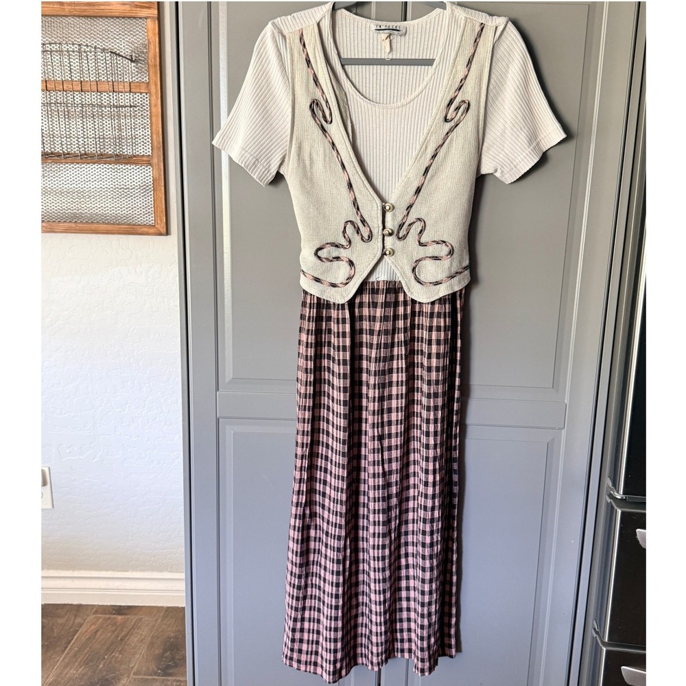 En Focus Studio Vintage Cottagecore Gingham Vest Maxi Dress,Cream Pink Black,XS